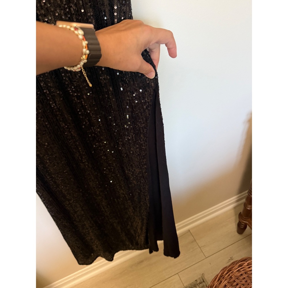 Black Sequin Long Sleeve Maxi Dress Shoulder Cut Out Side Slit Formal Gown - Picture 12 of 16